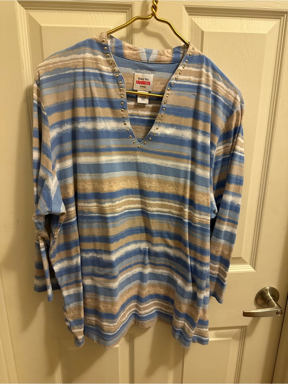 Ruby Rd. Blue and Tan Striped Stud V-Neck Top